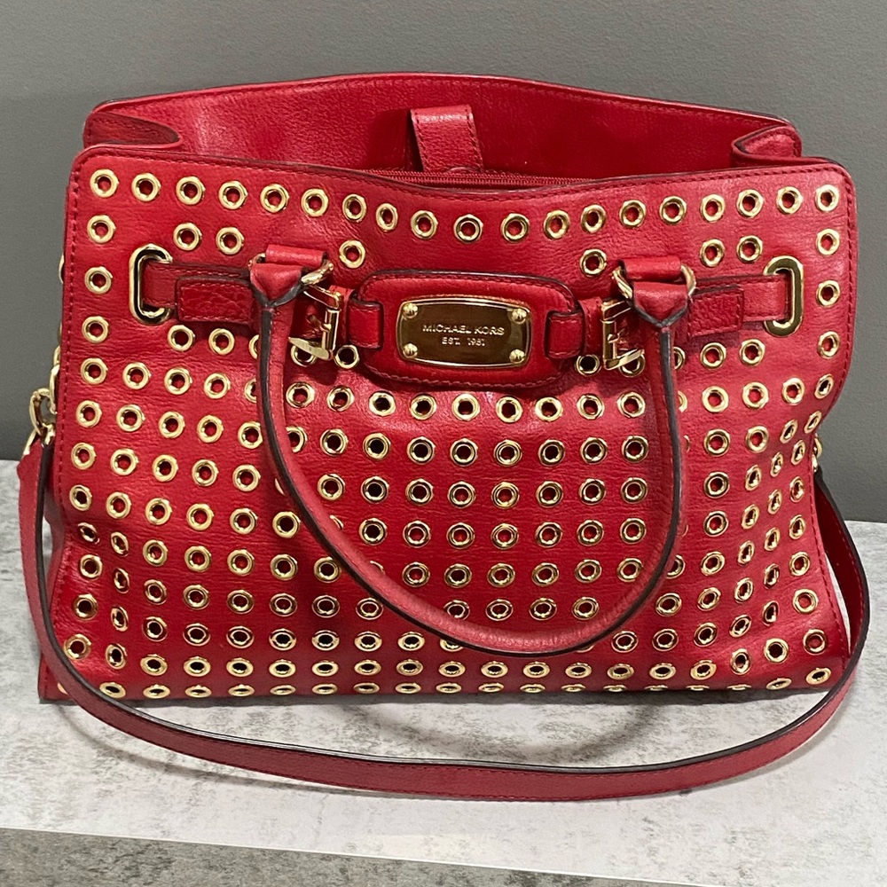 Michael Kors Hamilton Red Leather Large Gold Studded Grommet Tote/Bag/Purse